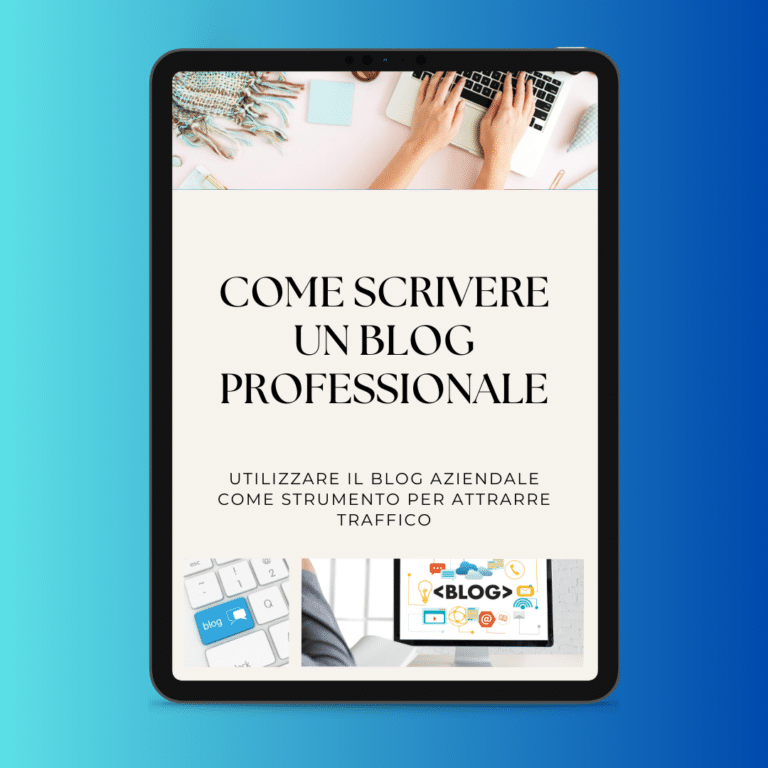 L'écran d'une tablette affiche un guide italien intitulé "HOW TO WRITE A PROFESSIONAL BLOG" avec des mains qui tapent sur un ordinateur portable dans un style et des images liés au blogging.
