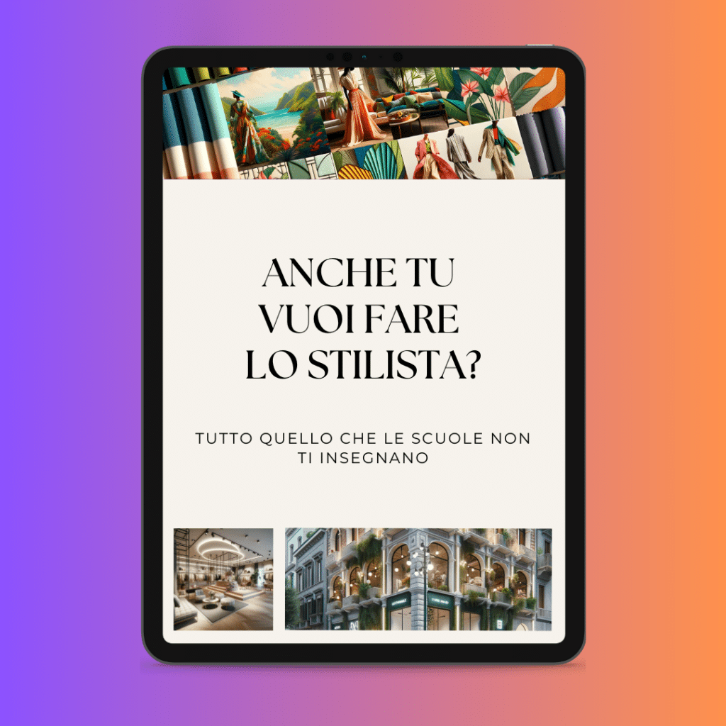 Une tablette affichant un texte en italien "Veux-tu aussi être designer ? Tout ce que les écoles ne t'apprennent pas", accompagné d'un collage d'images de mode et de décoration d'intérieur, t'inspirant à surmonter la crise grâce à ton sens unique du style.