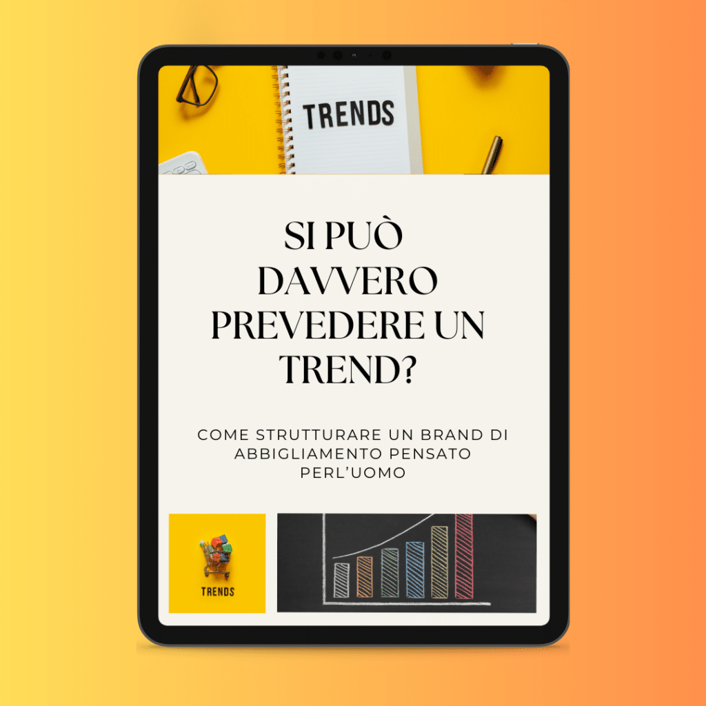 Une tablette numérique affiche un texte en italien : "Peut-on vraiment prédire une tendance ?" sur un fond ombré. L'écran affiche un carnet de notes avec le mot "TREND" et quelques graphiques, capturant l'essence élégante de l'analyse moderne au milieu des tendances actuelles.