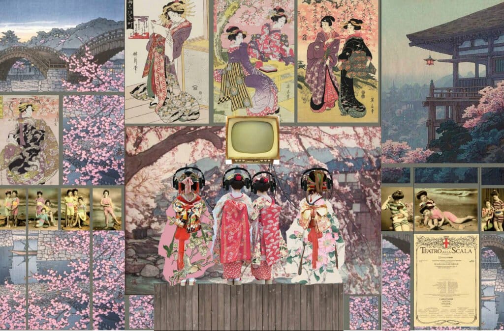Un collage de femmes japonaises vêtues de kimonos montrant une marque très sociale.