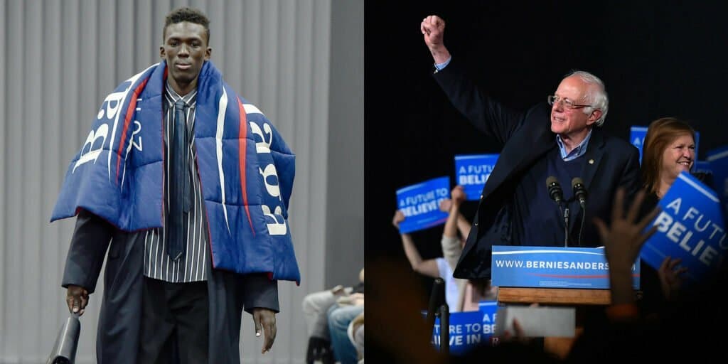 Bernie Sanders and a man waving a scarf show the importance of having an iconic element and memes for any brand.
