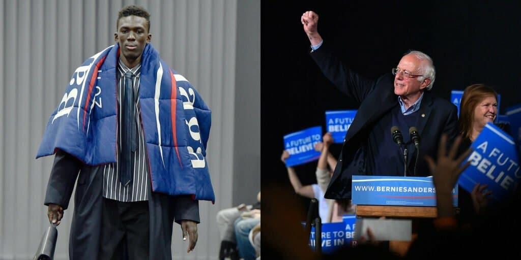 Bernie Sanders e un uomo che sventola una sciarpa mostrano l'importanza di avere un elemento iconico e dei meme per qualsiasi brand.