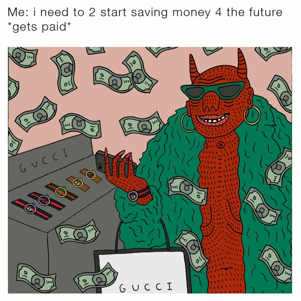 Una caricatura del diablo sosteniendo dinero, mostrando la importancia de tener una marca icónica y una pieza meme.