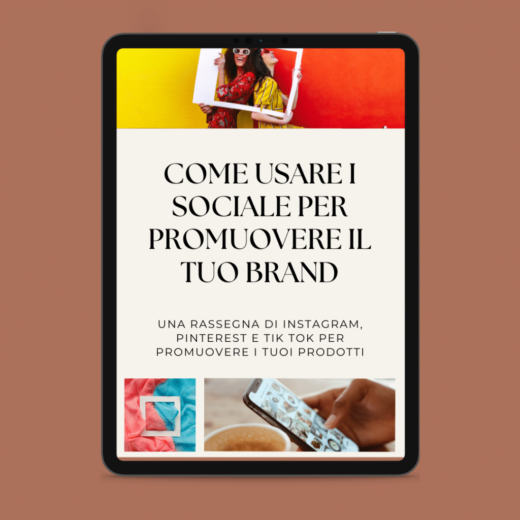 Une tablette montrant un guide italien sur l'utilisation des médias sociaux pour promouvoir une marque, avec des images d'applications de médias sociaux et des images de marketing, intègre des éléments de mode à la mode ainsi que des techniques modernes de méthodes de production.