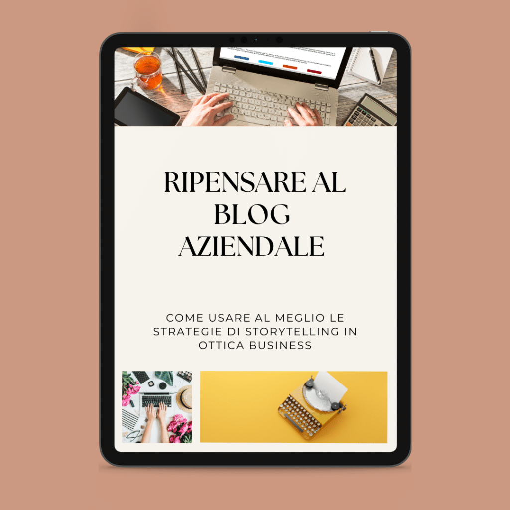 Sur une tablette est affiché un document numérique intitulé "Repenser le blog d'entreprise" avec un sous-titre sur les stratégies de narration dans le monde des affaires. Autour de ce document, des objets liés au travail, tels que des ordinateurs portables, des plantes et des articles de papeterie, mettent l'accent sur les méthodes modernes de fusion de la mode et de la production pour un blog d'entreprise efficace.