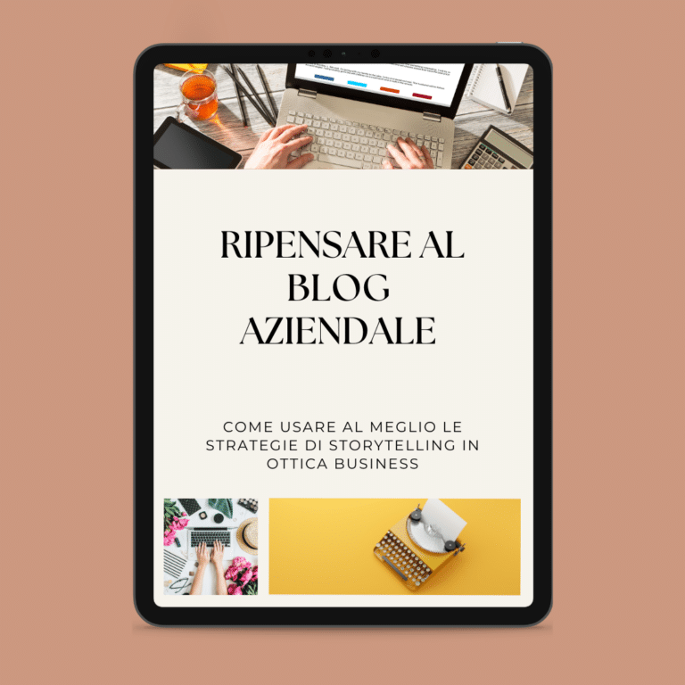 Sur une tablette est affiché un document numérique intitulé "Repenser le blog d'entreprise" avec un sous-titre sur les stratégies de narration dans le monde des affaires. Autour de ce document, des objets liés au travail, tels que des ordinateurs portables, des plantes et des articles de papeterie, mettent l'accent sur les méthodes modernes de fusion de la mode et de la production pour un blog d'entreprise efficace.