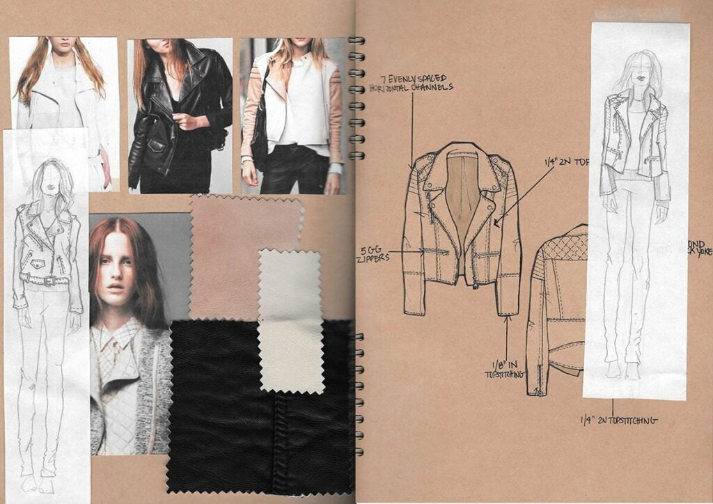 Un cuaderno de bocetos con diseños de ropa de mujer para crear tu propia marca de ropa.