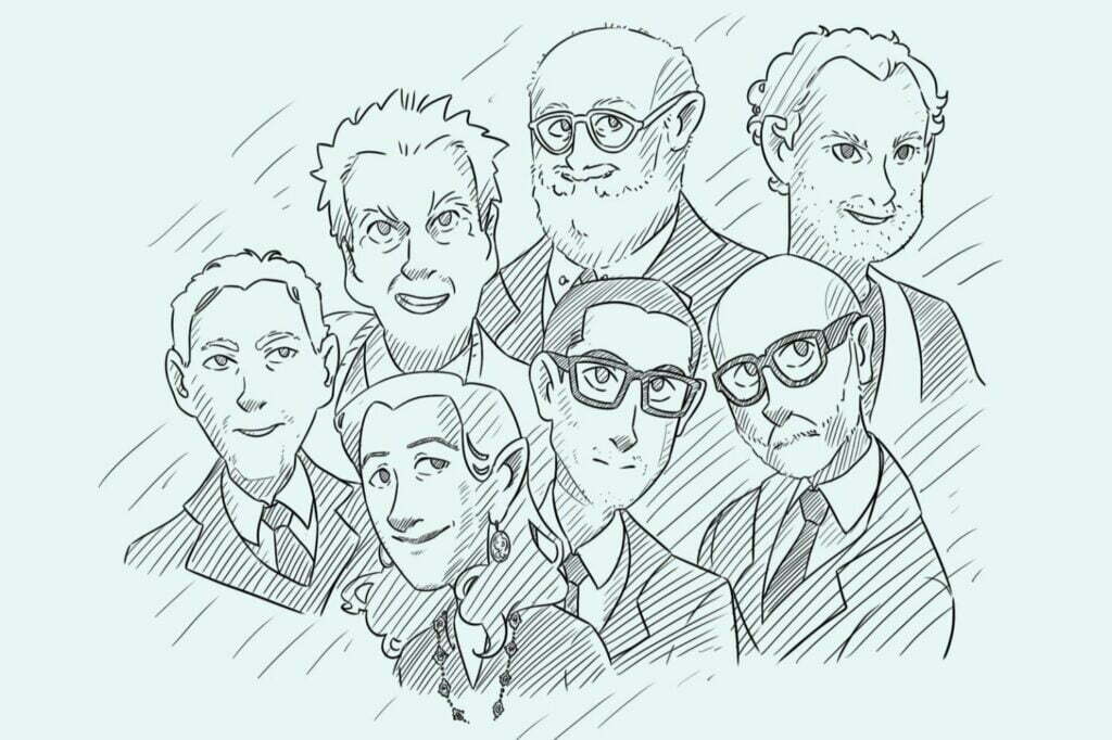 Un disegno stilizzato raffigurante un gruppo trendy di persone che indossano occhiali.