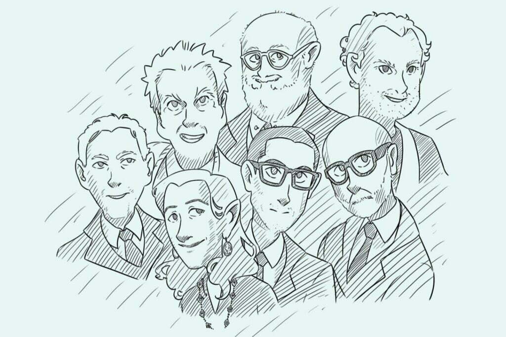 A stylised design depicting a trendy group of people wearing glasses.