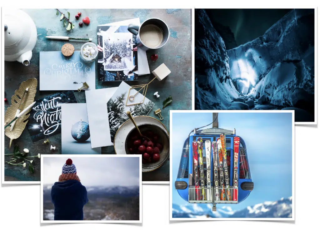 Un moodboard con uno sciatore e uno skilift.