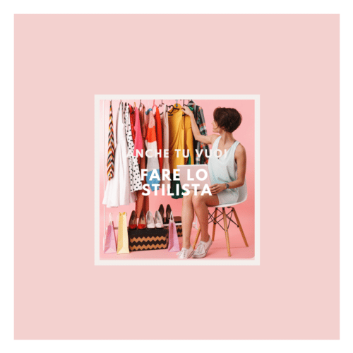 A woman sits in front of a rack of clothes, showing off her skills as a stylist that go beyond what fashion schools teach.