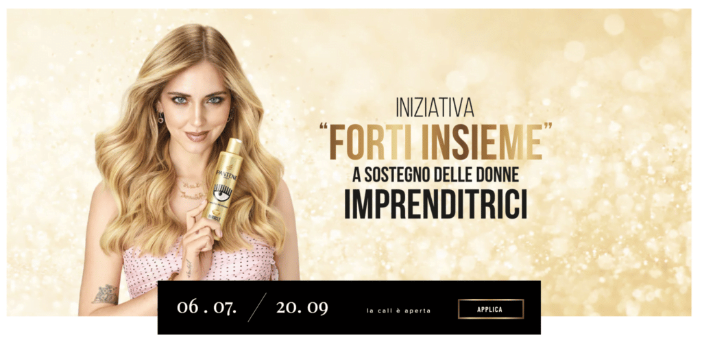A woman participates in Chiara Ferragni and Pantene's Forti insieme contest, holding a gold ring.