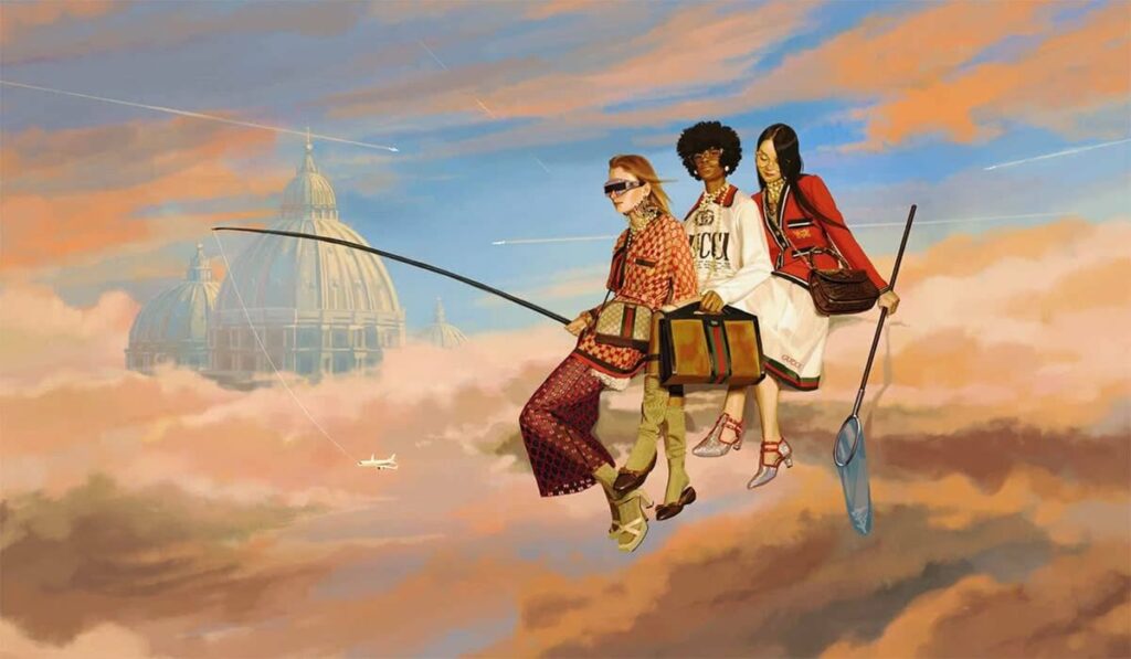 A painting of fashionable women soaring through the sky.