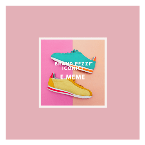 Un par de coloridas zapatillas con elementos icónicos de la marca y palabras inspiradas en memes.