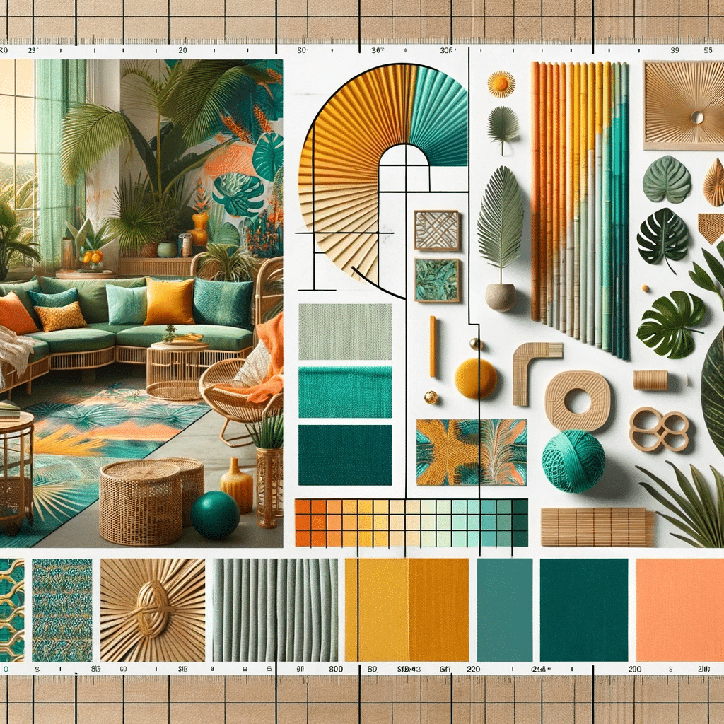 Eine modische Farbpalette für ein Wohnzimmer mit Orange, Grün und Gelb.
