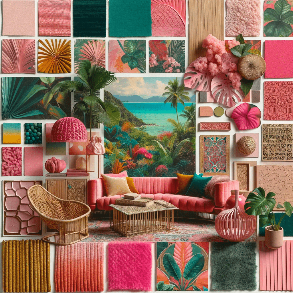 Un salon rose et vert inspiré d'un moodboard avec des plantes et des meubles tropicaux.
