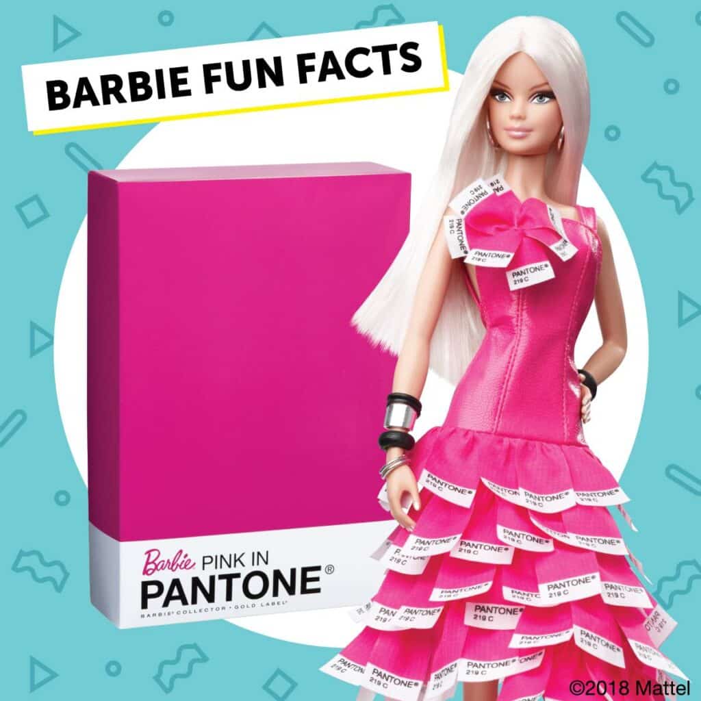 A Barbie doll dressed in pink showing funny facts about Barbie.