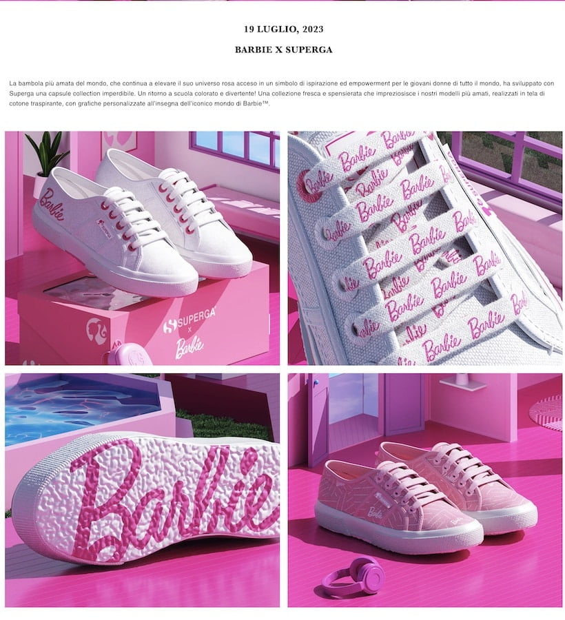 Le scarpe di Barbie sono mostrate in rosa vibrante e bianco immacolato.
