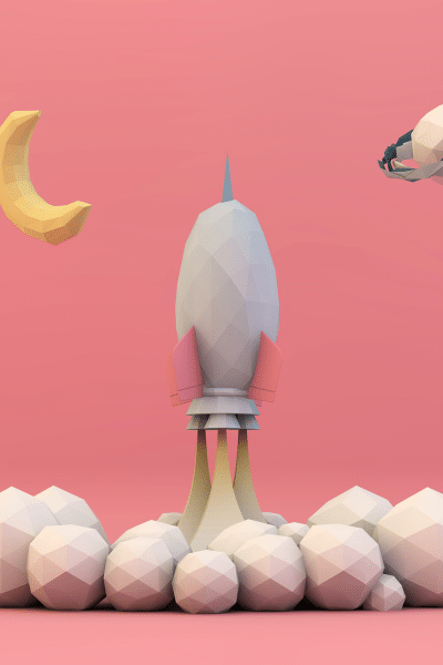 Ein Low-Polygon-Raumschiff und ein Mond auf rosafarbenem Hintergrund, veredelt durch die Beratung der Marke.