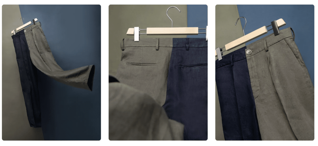 Quattro foto di pantaloni appesi su una gruccia scattate da un'agenzia media specializzata in foto e video.