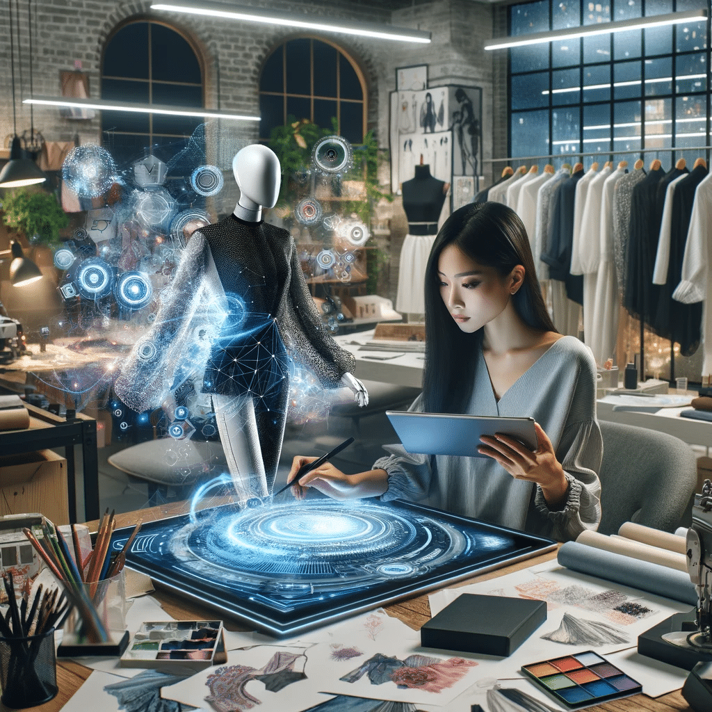 A woman is browsing the latest fashion trends on a tablet in a fashionable shop.