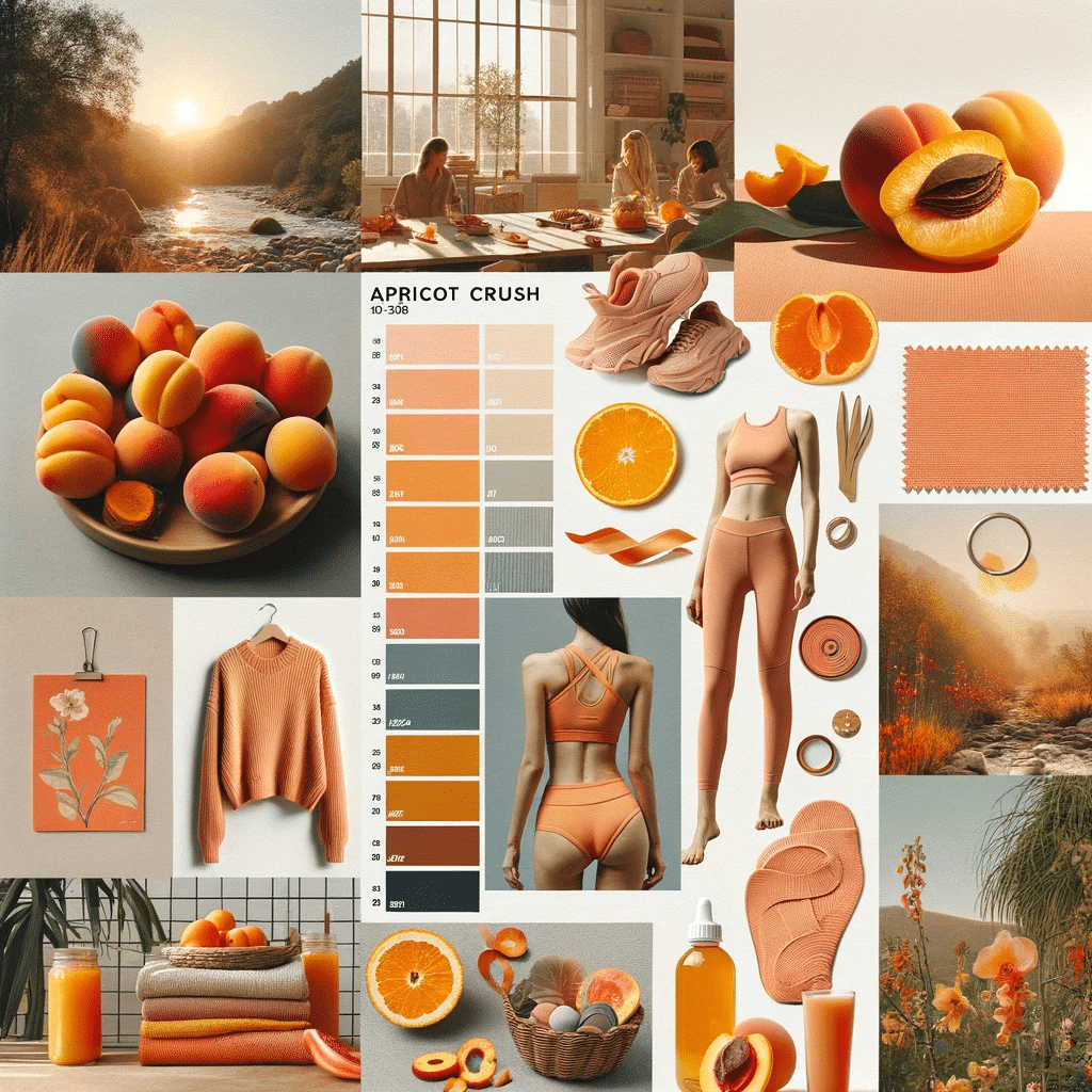 Une palette de couleurs pêche à la mode avec des images de pêches et d'oranges, illustrant les tendances de la mode pour 2024.