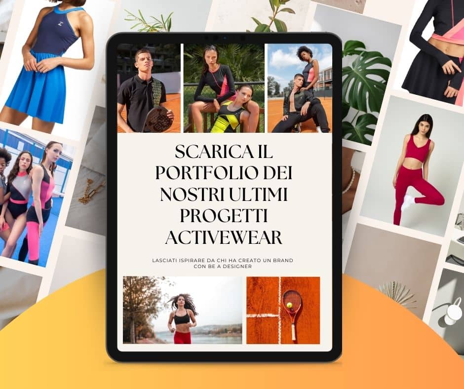 Une tablette avec la photo d'une femme portant un soutien-gorge de sport et un legging.