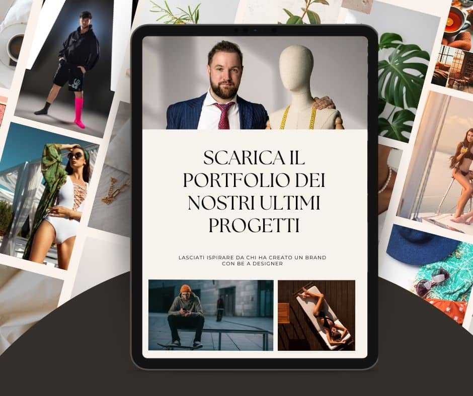 Tablet digitale che mostra un portfolio di moda con varie immagini di abiti e modelli che lo circondano.