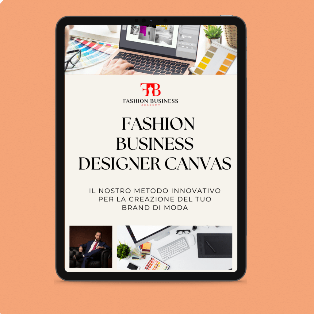 Tablet mit einer Seite über "Fashion Business Designer Canvas" mit Text in italienischer Sprache, der übersetzt "unsere innovative Methode zur Schaffung Ihrer Modemarke" bedeutet.