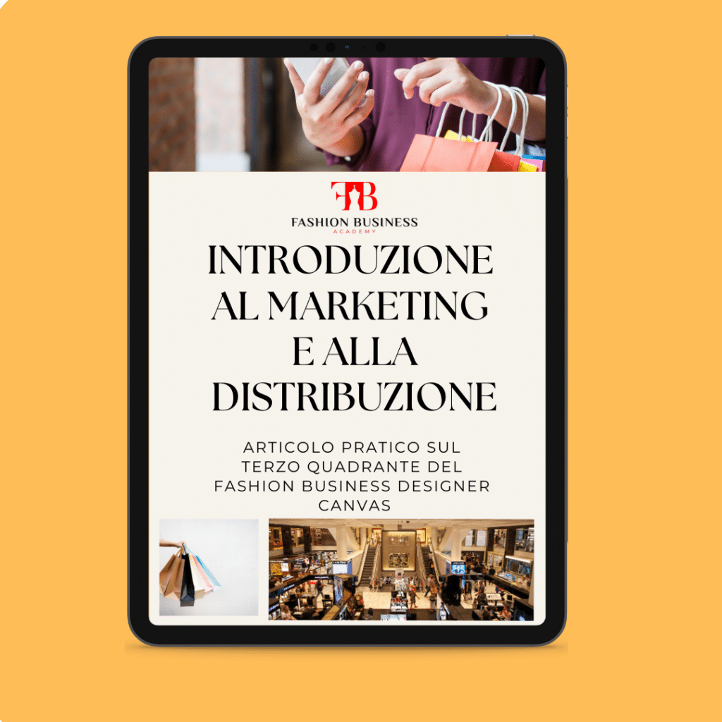An e-book or digital publication on a tablet screen about fashion industry marketing and distribution with images of shopping bags and a retail shop.