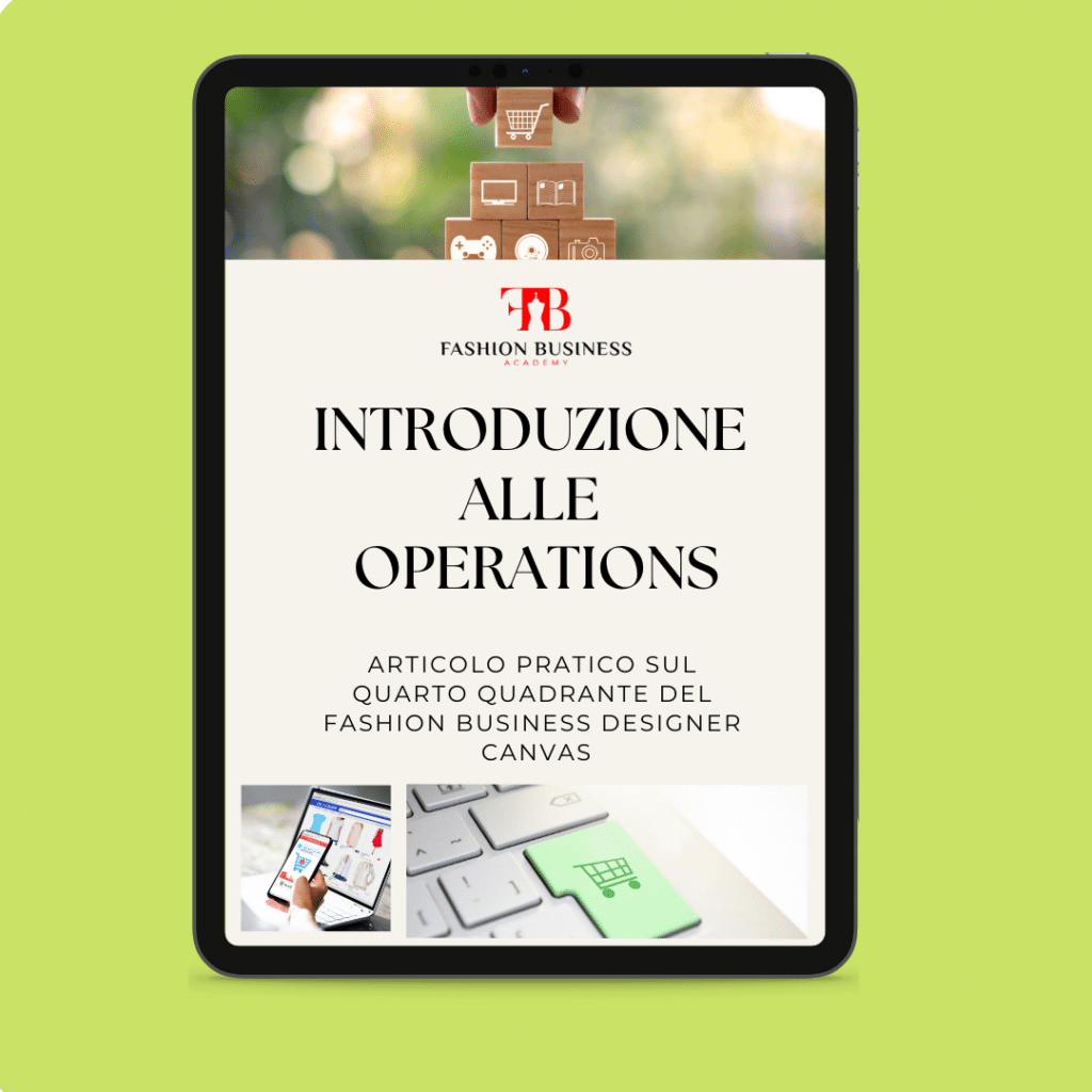 Tablette montrant une diapositive de présentation avec le texte italien "introduction aux opérations" sur les opérations de l'industrie de la mode.