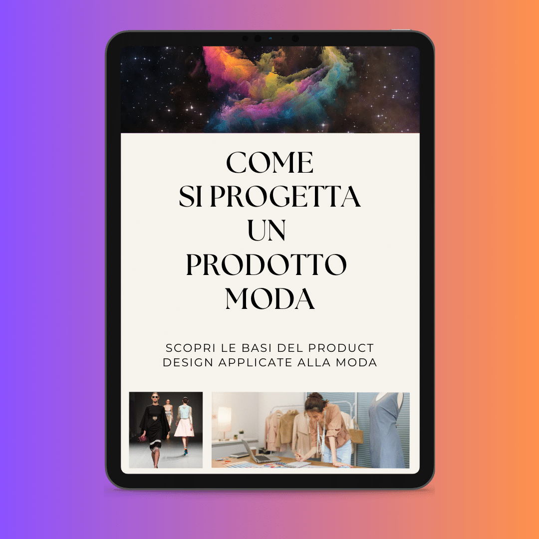 Tableta con fondo de nebulosa de colores y texto en italiano sobre diseño de productos de moda.