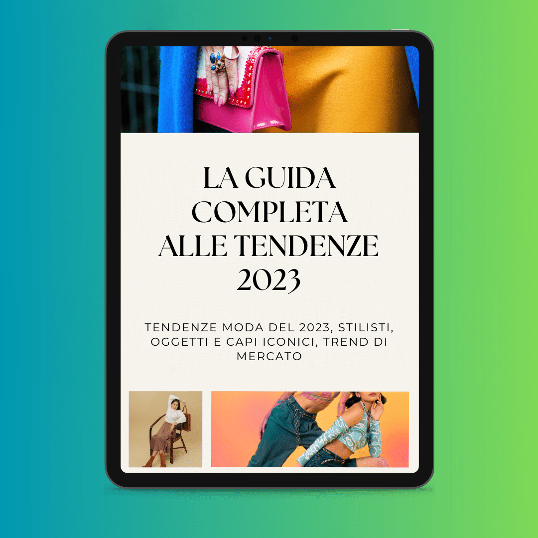 Digital visualisation of a comprehensive fashion guide 2023 in Italian, showing trends, styles and market insights.