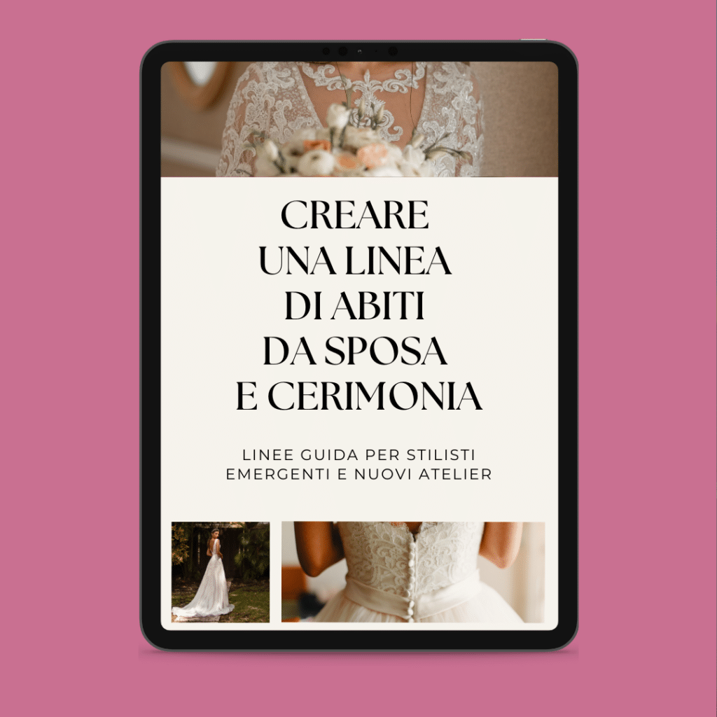 Ein italienischsprachiger Leitfaden für die Gestaltung von Braut- und Festkleidern, der auf einem Tablet-Bildschirm angezeigt wird.
