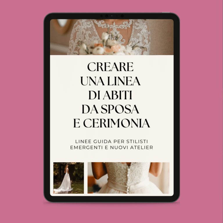 Un guide en italien sur la création de robes de mariée et de cérémonie affiché sur l'écran d'une tablette.