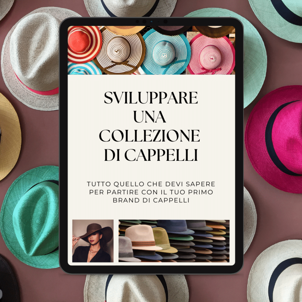 Tablet che mostra una presentazione sullo sviluppo della collezione di cappelli con vari cappelli colorati sullo sfondo.