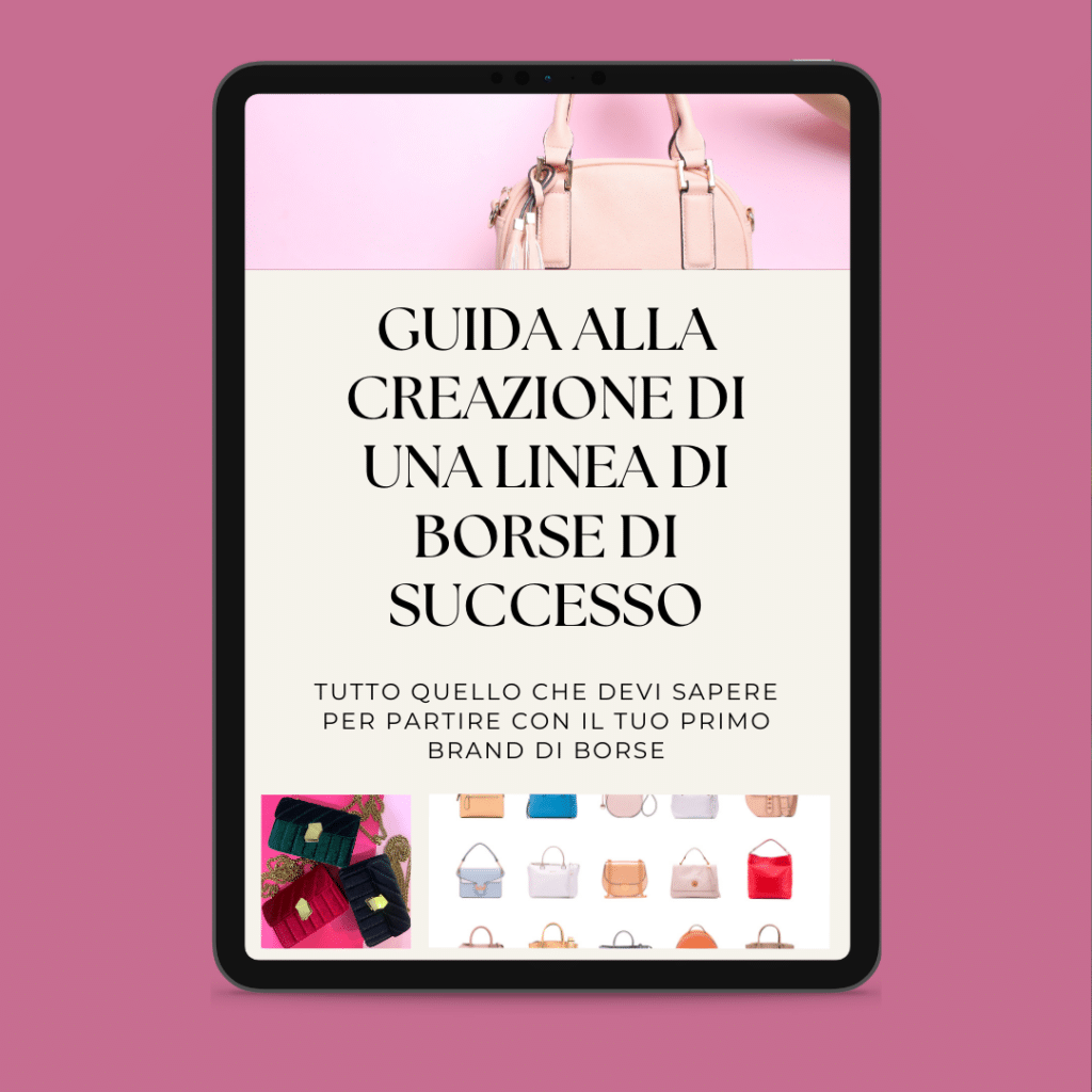 Tablette représentant un guide pour la création d'une ligne de sacs à succès en italien sur fond rose.