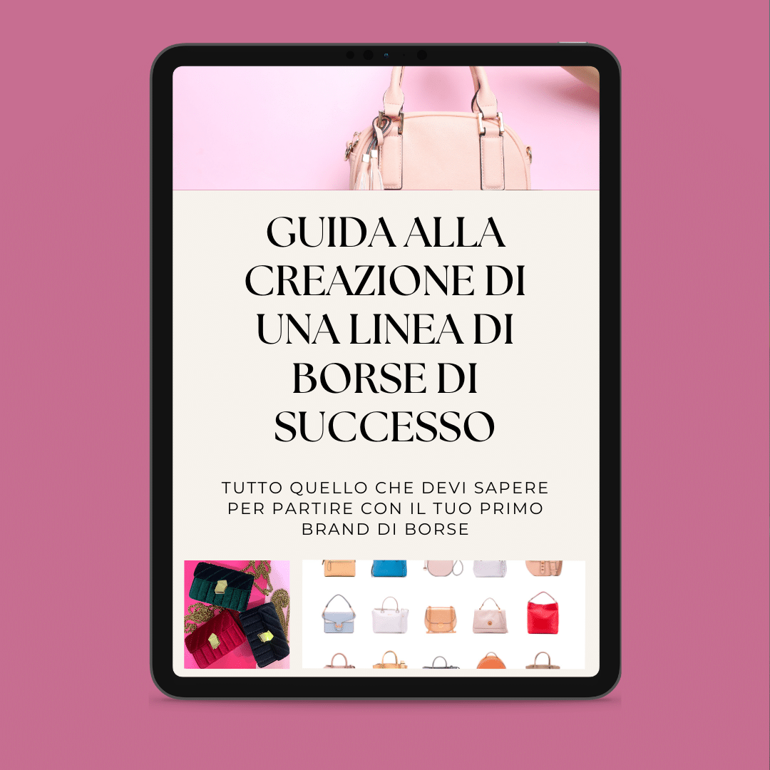 Tablet showing a guide to creating a successful bag line in Italian on a pink background.