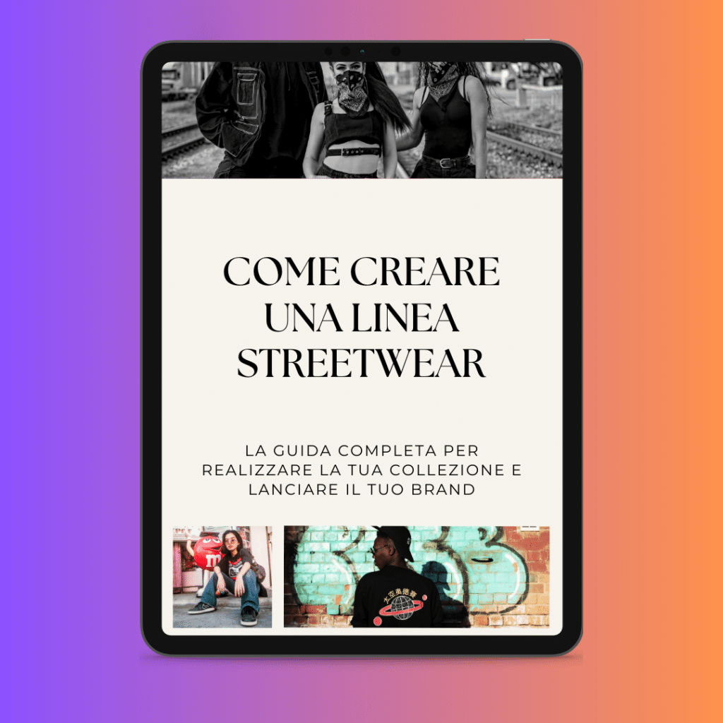 Display tablet che mostra una guida sulla creazione di una linea streetwear in italiano.
