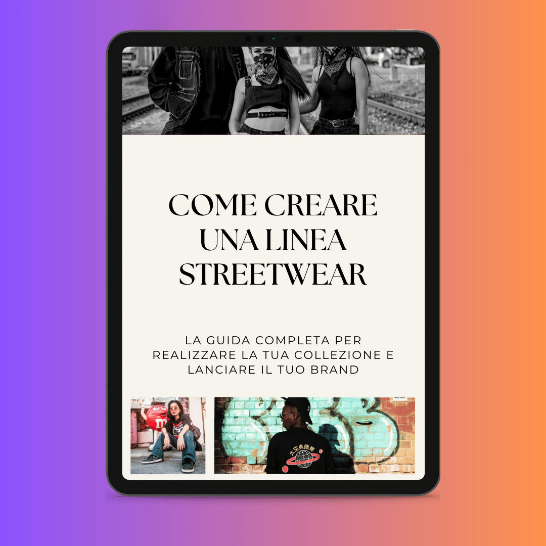 Pantalla de tableta que muestra una guía sobre cómo crear una línea de streetwear en italiano.