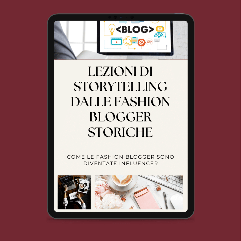 Tablette numérique présentant un article de blog en italien sur les leçons de narration des blogueurs de mode historiques et leur évolution en influenceurs.