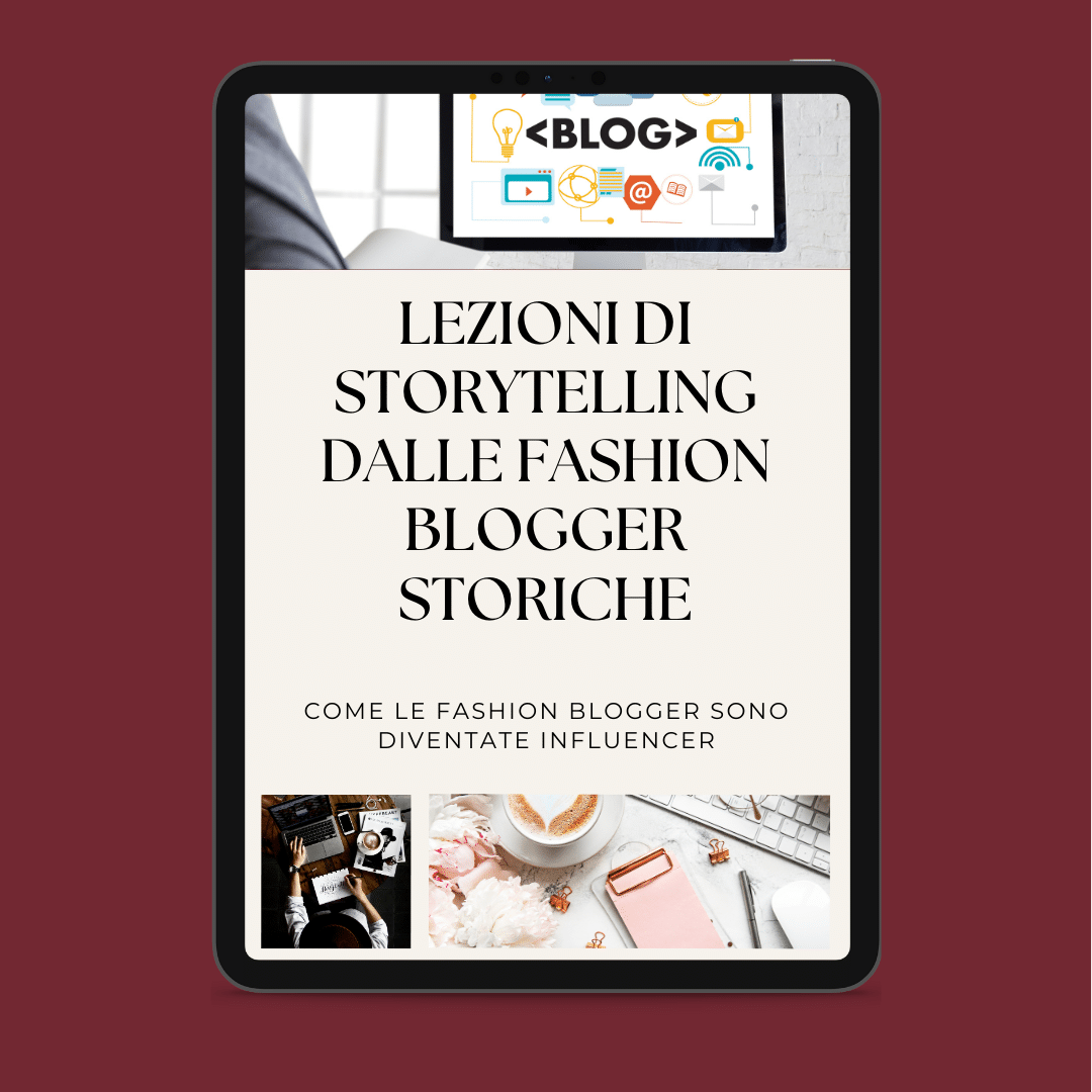 Digital tablet showing a blog article in Italian about the storytelling lessons of historical fashion bloggers and their evolution into influencers.