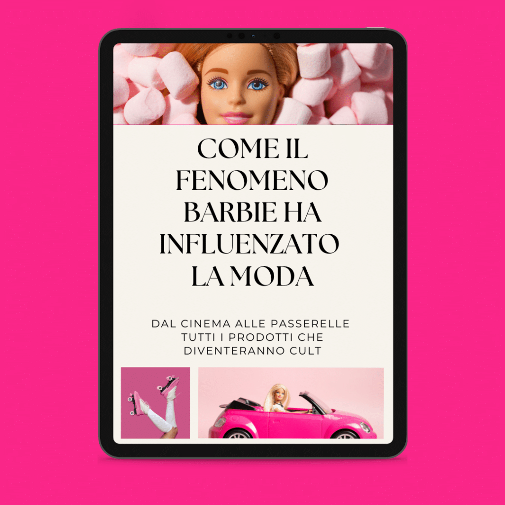 Tablet che mostra un articolo sull'influenza di Barbie sulla moda con il volto di una bambola visibile in alto.