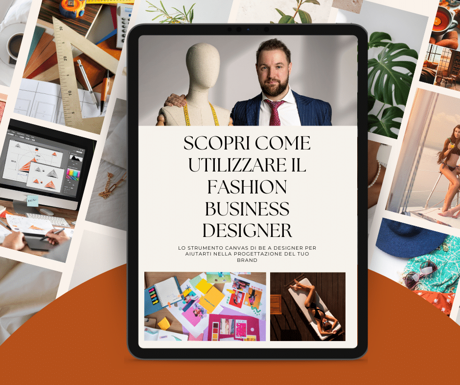 Tableta que muestra un anuncio de herramientas de diseño de moda e imanes de clientes potenciales rodeado de diversos artículos e imágenes relacionados con la moda.