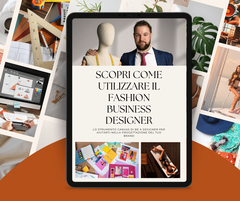 Tablet mit einer Werbung für Modedesign-Tools und Leadmagneten, umgeben von verschiedenen modebezogenen Artikeln und Bildern.