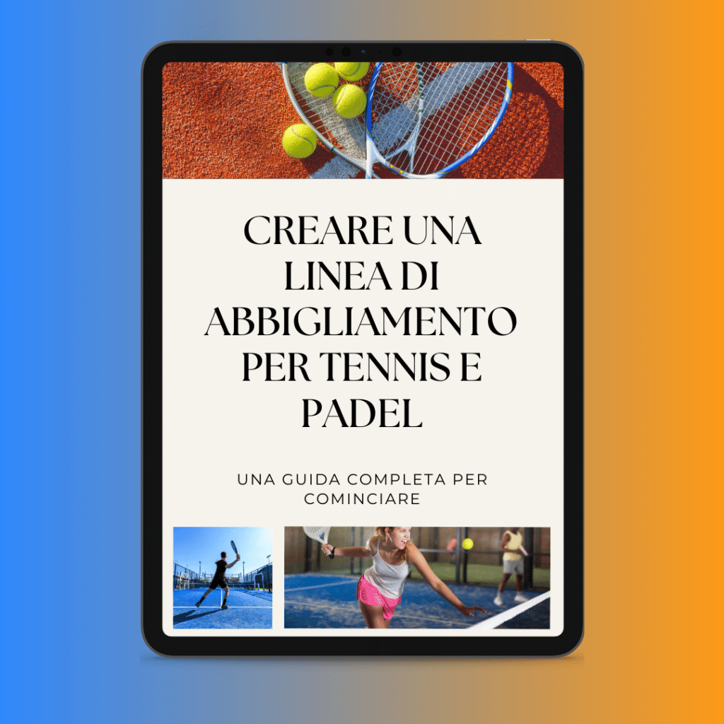 テニスウェアやパデルウェアを含む、テニスやパデル用品のイタリア語の広告や案内を示すタブレット。