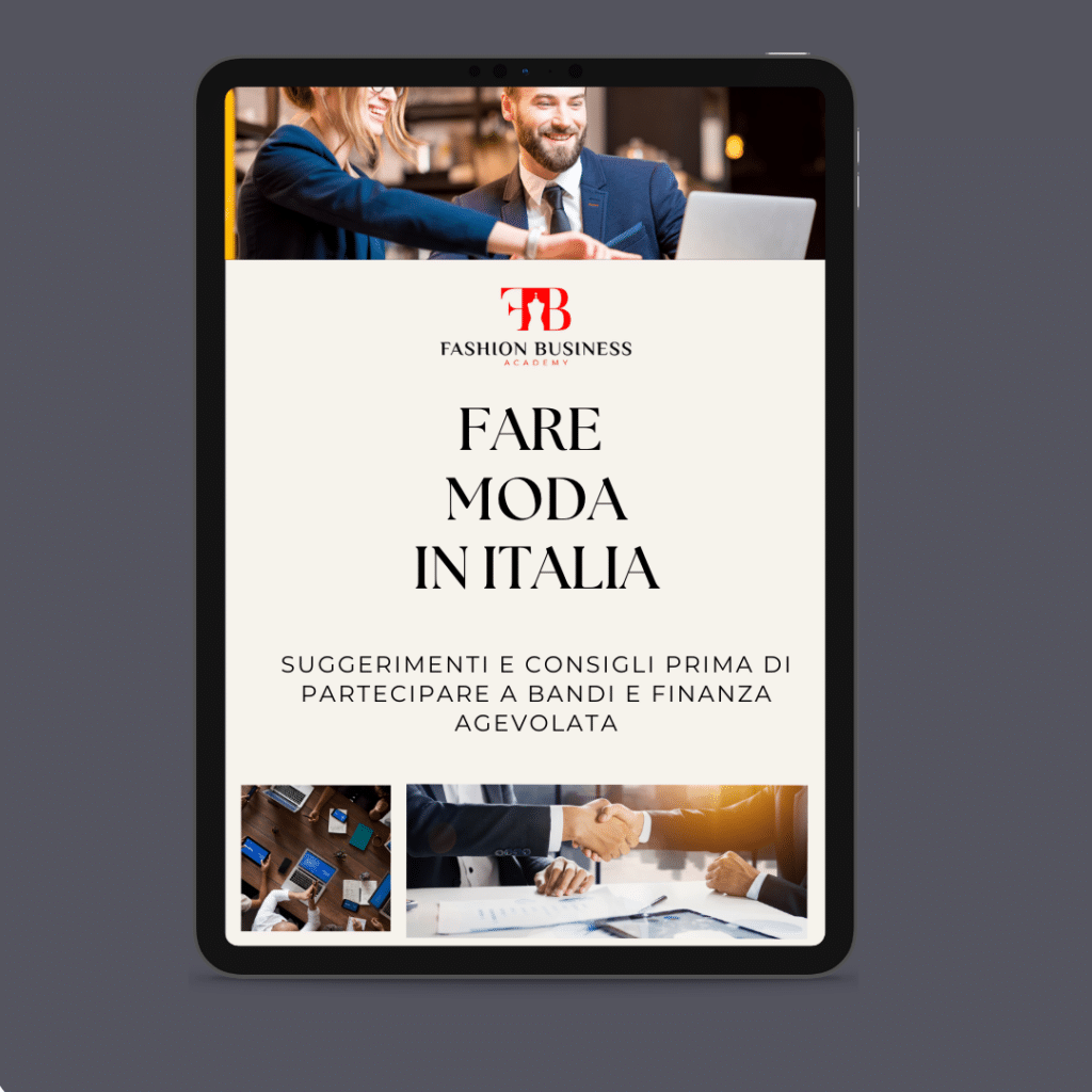 La couverture du livre électronique intitulé "Making Fashion in Italy" montre des hommes d'affaires se serrant la main, le logo Fashion Business et un sous-texte donnant des conseils sur la participation au financement et aux opportunités financières dans l'industrie de la mode en Italie.