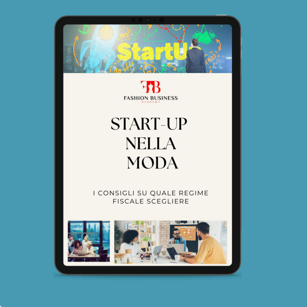 Tablette représentant la couverture d'un magazine numérique intitulé "Start-Up In Fashion" par Fashion Business avec diverses photos de personnes travaillant au bureau.