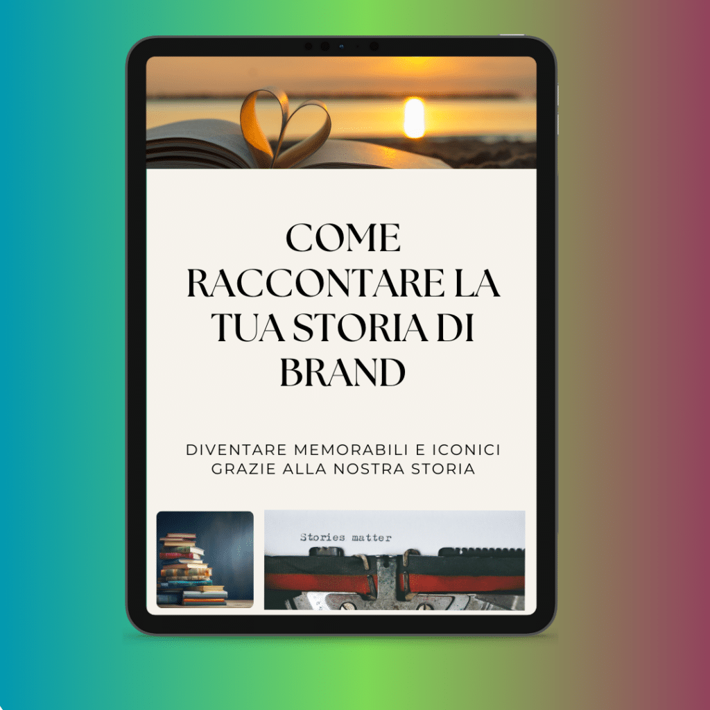 Une tablette affichant un livre électronique intitulé "How to Tell Your Brand Story" avec une image d'une page de livre en forme de cœur sur un fond ombré.