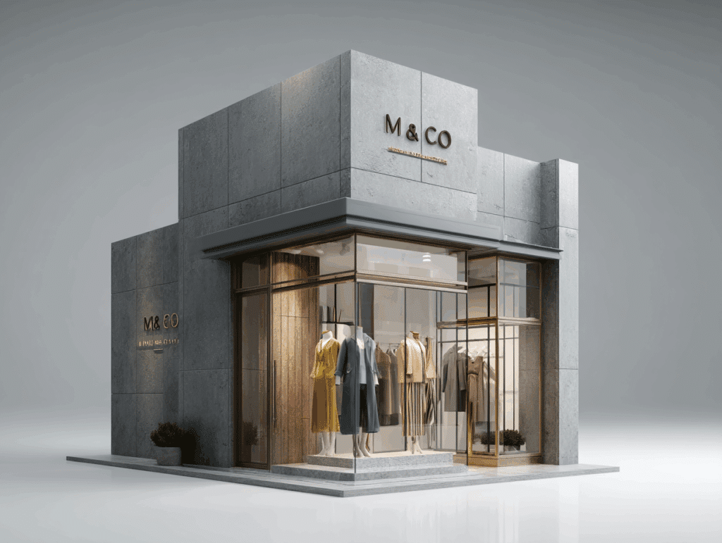Una tienda de ropa moderna y minimalista con una elegante fachada de cristal muestra maniquíes con ropa neutra. El rótulo "M&CO" sobre la entrada inspira a quienes se preguntan "cómo abrir una tienda de ropa" con su elegante fachada de hormigón gris.